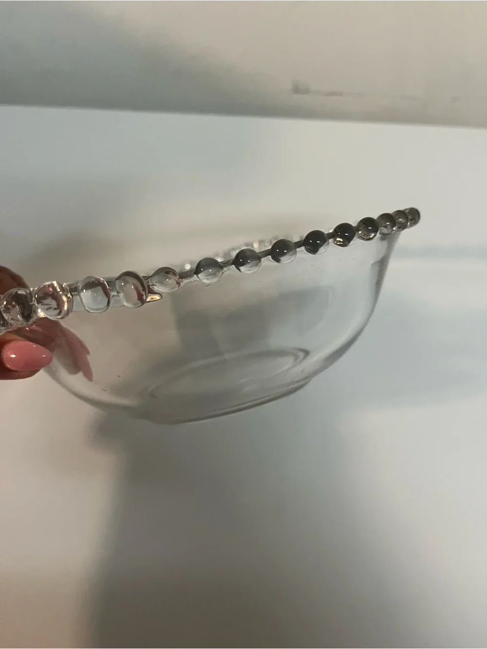 Vintage Clear Glass Beaded Rim Handled Serving Bowl Candlewick Style 10” MCM